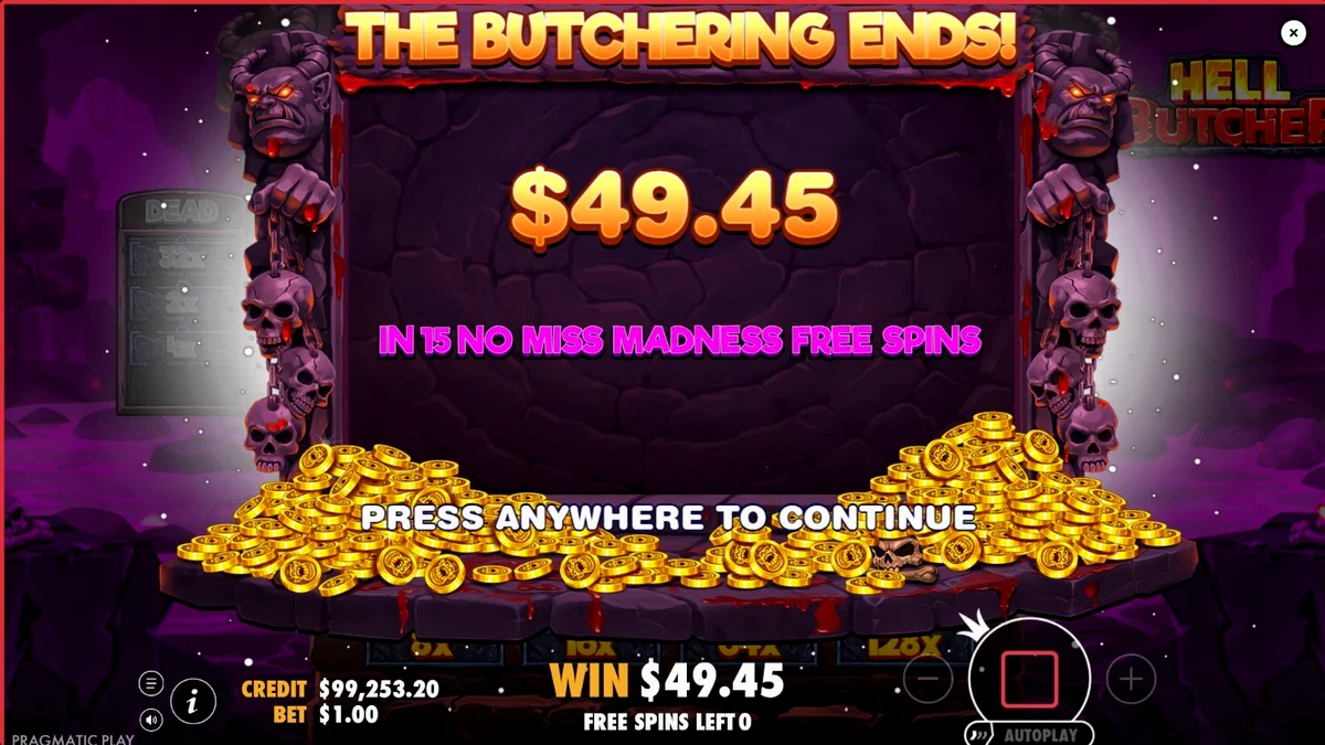 Hell Butcher slot game interface na may madilim na tema at mga simbolo ng horror.